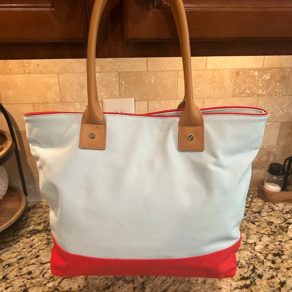 Tory Burch Two-Tone Nylon Tote - Light White & Red - Picture 2 of 11